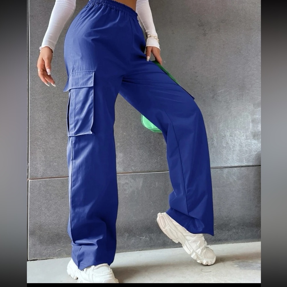 Solid High Waist Flap Pocket Cargo Pants